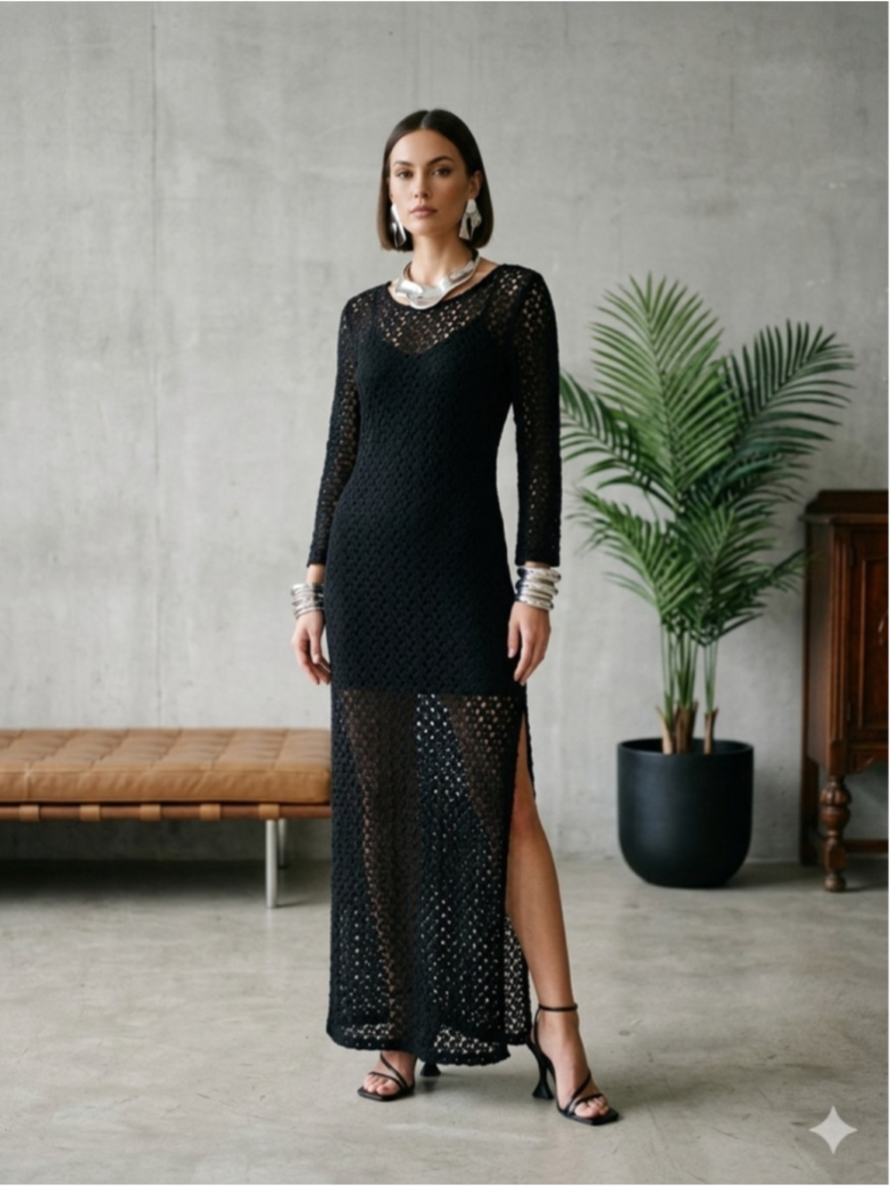 Forever 21 Black Knit Maxi Dress Large Open Crochet Sheer Minimalist Glam